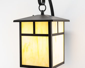 Dark Bronze Adobe Mission Style Outdoor Wall Lamp, Craftsman Design, Entryway Light, Opalescent Honey Colored Glass, Dusk to Dawn Operated