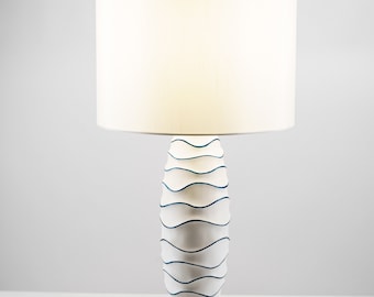 Blue Wave Ceramic Table Lamp with white shade, USB port & outlet for easy charging, Perfect for bedside or end table, Hand Painted,Bulb incl