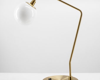 Modern Brass Arc Table Lamp: Art Deco Style, USB Port, LED Bulb