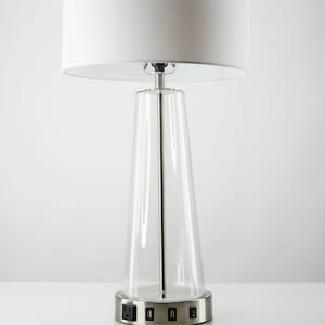Tall Minimalist Clear Glass Table Lamp, Art Deco Modern Design, 2 USB Port & 1 Outlet, Bulb Included, Bedside/Desk Lamp, Drum Shade Included