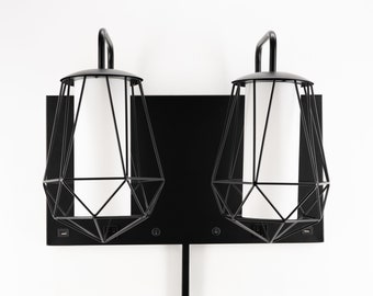 Sleek industrial Metal Diamond Cage Double Wall Lamp with cord cover, Modern & Contemporary Design, USB and Outlets for easy charging