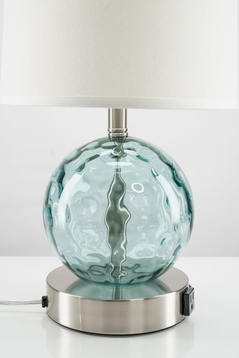 Coastal Modern Aqua Glass Bubble Table Lamp with USB port and Outlet, Free Shipping, Bulb Included, Dorm Light, Bedside Light, Desk Lamp image 3