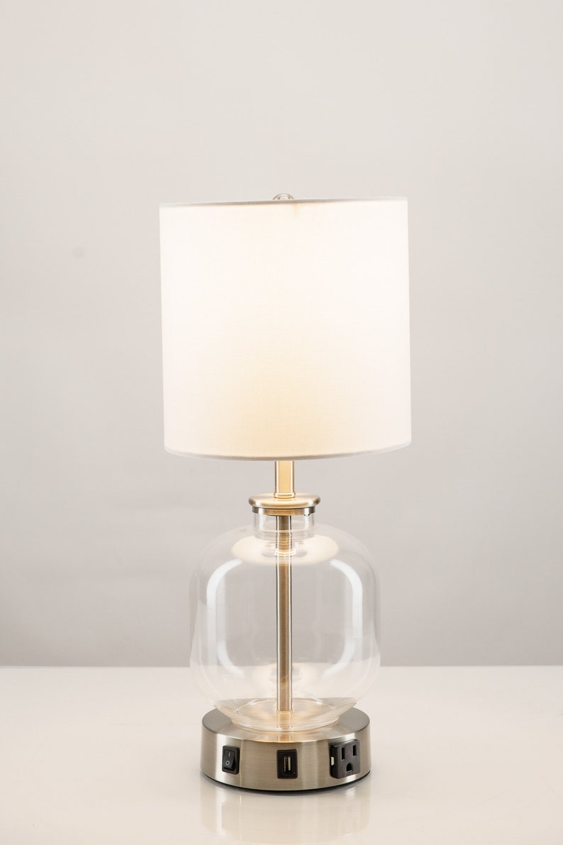 Contemporary Clear Glass Table Lamp, Art Deco Modern Design, USB Port & Outlet, Bulb Included, Dorm Light, Bedside Light, Desk Lamp image 2