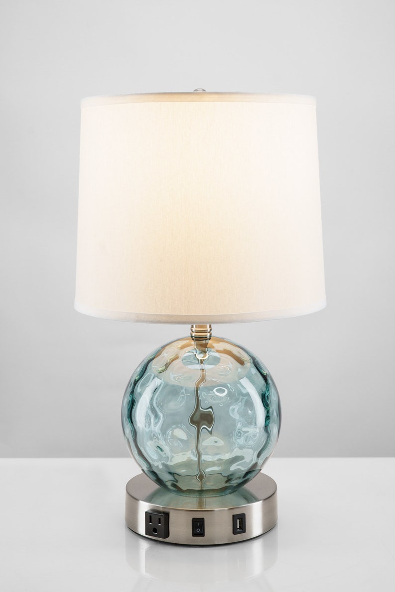Coastal Modern Aqua Glass Bubble Table Lamp with USB port and Outlet, Free Shipping, Bulb Included, Dorm Light, Bedside Light, Desk Lamp image 2