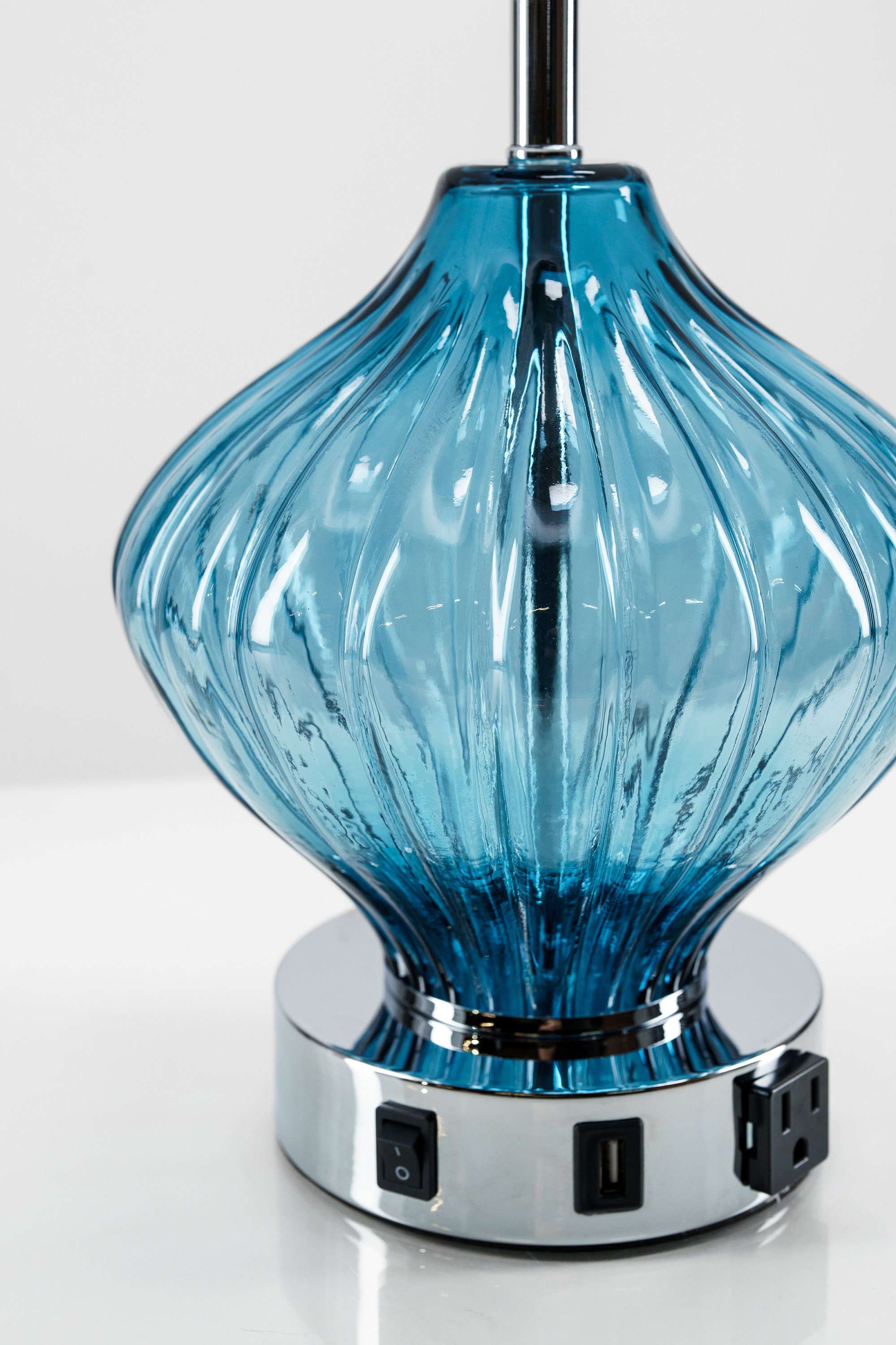Modern Cobalt Blue Ribbed Glass Table Lamp With USB Port - Etsy