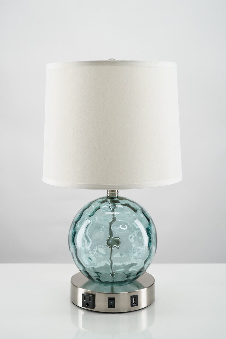 Coastal Modern Aqua Glass Bubble Table Lamp with USB port and Outlet, Free Shipping, Bulb Included, Dorm Light, Bedside Light, Desk Lamp image 1