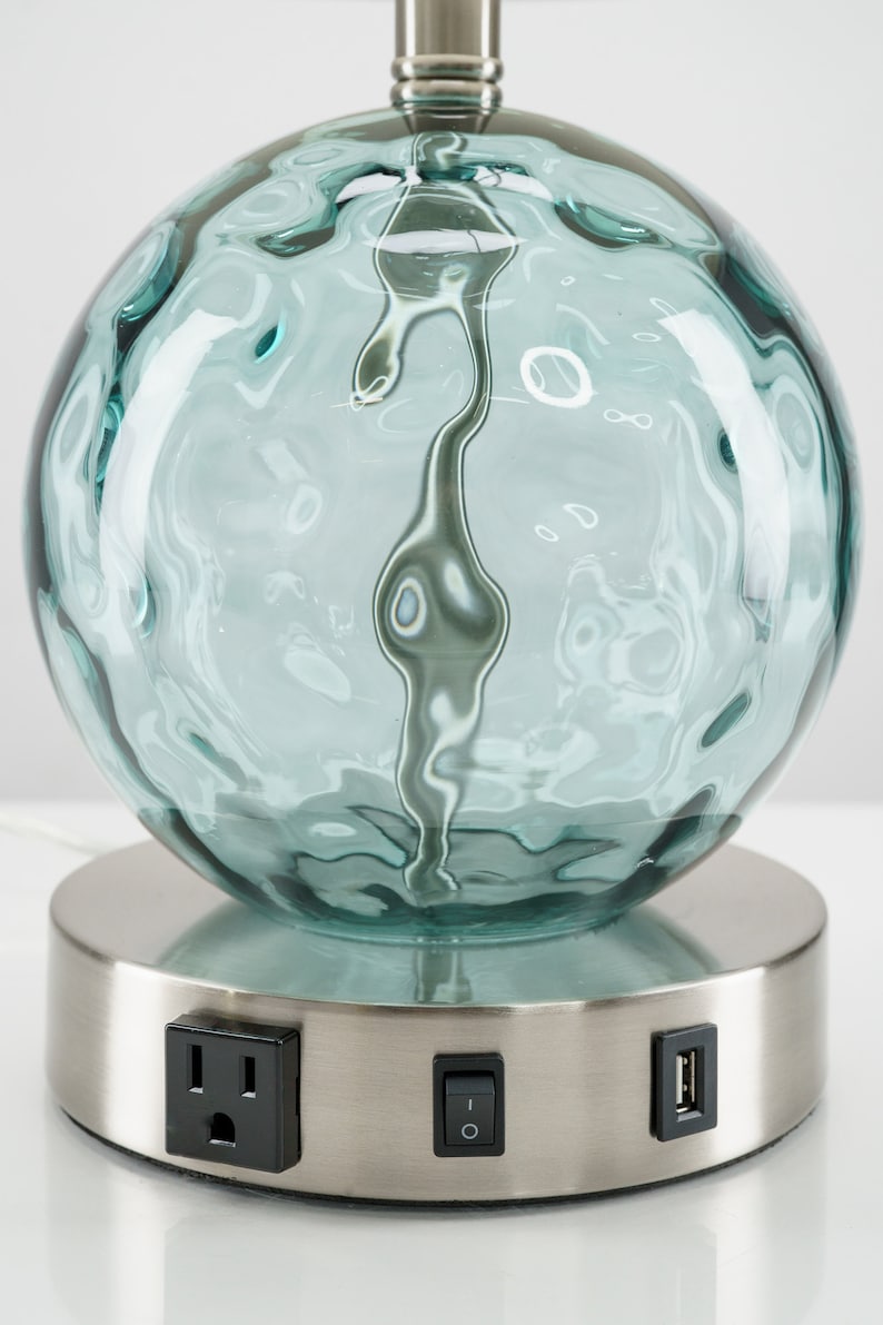 Coastal Modern Aqua Glass Bubble Table Lamp with USB port and Outlet, Free Shipping, Bulb Included, Dorm Light, Bedside Light, Desk Lamp image 4