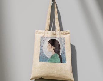SICHER - Premium Tragetasche | Acrylmalerei eines Frauenporträts gedruckt auf einer Tragetasche handgemalte Kunstmalerei-Leinwand auf Tragetasche