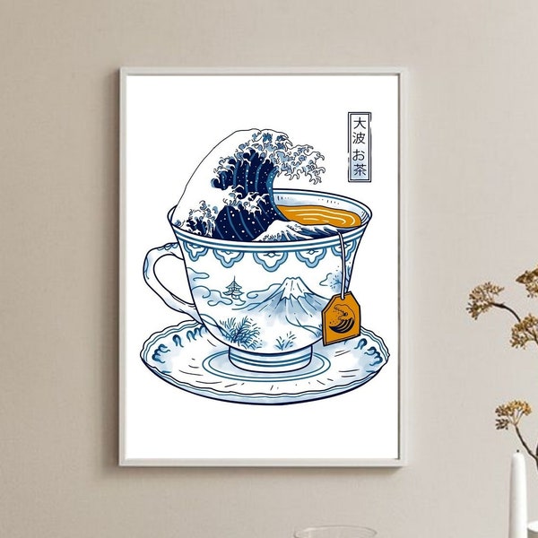 Japanese Wave Poster, Japanese Wave Tea, Tea Poster, Minimalist Tea Poster, Tea Mug Print, Japanese Poster, Digital Download