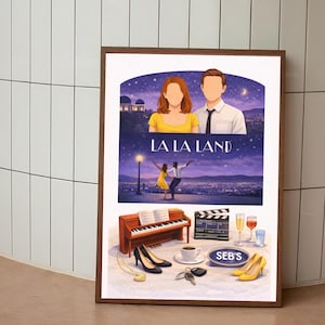 May include: A framed art print featuring the movie "La La Land." The artwork depicts a couple, a piano, high heels, and other movie-themed elements. The color palette includes shades of purple, yellow, and brown.