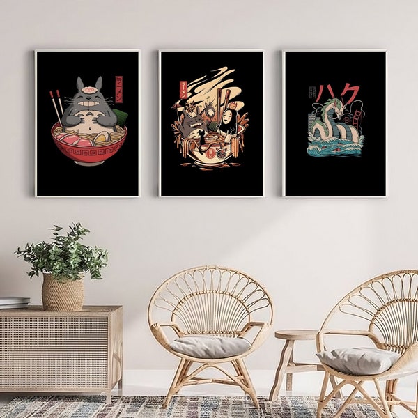 Studio Ghibli Poster Set van 3, Totoro Print, Spirited Away Poster, Studio Ghibli Wall Art, Ramen Wall Art, Studio Ghibli Food Prints