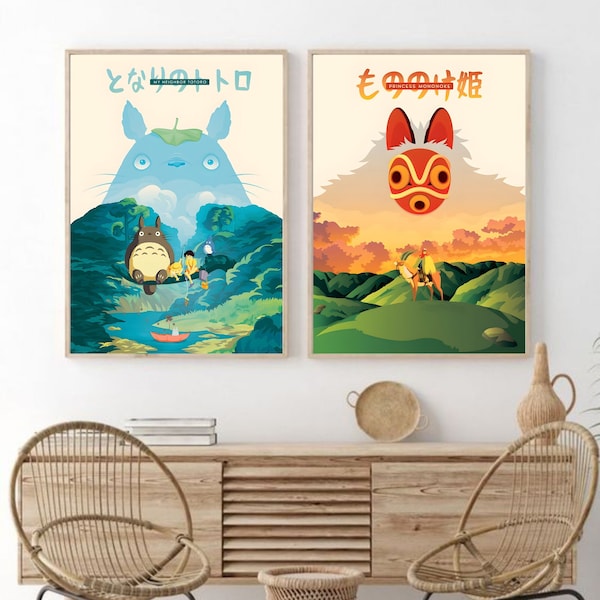 Studio Ghibli Print Set of 2, Totoro Poster, Princess Mononoke Poster, Studio Ghibli Wall Art, Totoro Art, Princess Mononoke Art