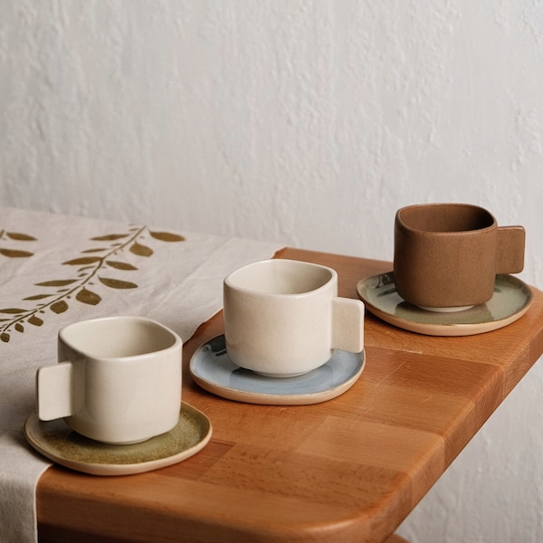 Handmade Espresso cup, 3.4 oz Espresso Cup With Saucer, Handle Espresso cup, Colorful Special Design, Ritual espresso cup