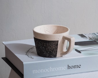 Handmade Ceramic Coffee Mug, Minimalist Pottery Cup, Black Beige Stoneware, 180ml Tea Cup Gift