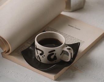 Handmade Ceramic Espresso Cup and Saucer Set, Minimal Stoneware Coffee Set,50ml- 1.70oz,Gift for coffee lover,Japanese-style cup