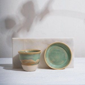 Handmade Stoneware Espresso Cup & Saucer: Green Brown Glazed Pottery