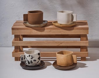 Handmade Ceramic Espresso Cup and Saucer Set, Minimal Stoneware Coffee Set, 100ml 3oz, 4 Color Options, Gift for coffee lover