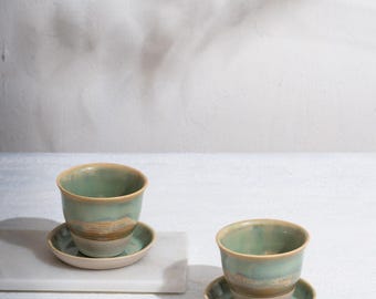 Handmade Stoneware Espresso Cup and Saucer Set, Green Glaze Ceramic Coffee Set, Minimal Pottery Gift