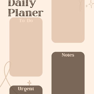 Puede incluir: Un planificador diario imprimible con secciones para Tareas, Metas, Notas y Tareas urgentes. El planificador tiene un fondo beige con texto marrón y elementos decorativos.