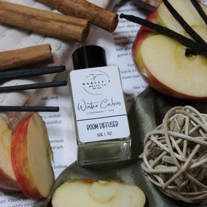 Może przedstawiać: Przezroczysta szklana butelka dyfuzora do pomieszczeń z czarną zakrętką, z napisem "Winter Cabin" z tekstem "Gingerbread + Pine". Obraz zawiera plasterki jabłka, laski cynamonu i laski wanilii.