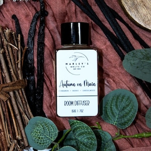 Könnte beinhalten: Eine Raumduftflasche mit schwarzem Deckel und einem Etikett mit der Aufschrift "Autumn on Main". Auf dem Etikett stehen auch Zimt, Beere und Sandelholz. Die Flasche ist von dekorativen Elementen umgeben, darunter Grünzeug und Vanilleschoten.