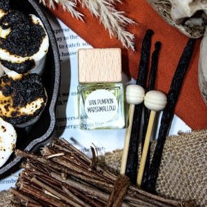 May include: A small perfume bottle with a wooden cap, labeled "VAN PUMPKIN MARSHMALLOW", sits among vanilla beans, wooden sticks, and toasted marshmallows. The background includes a skull and dried plants.