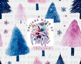 May include: A seamless pattern featuring watercolor illustrations of pink and blue Christmas trees with white snowflakes. The pattern includes a logo with the text "Designs Made by Nelle" and a graphic of a tablet with a floral design.