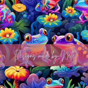 May include: A seamless pattern featuring colorful frogs with bright blue, green, purple, and orange accents. The frogs are surrounded by flowers and leaves in a dark background.