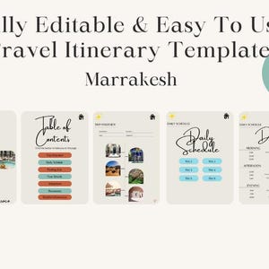 Puede incluir: Una plantilla digital para un itinerario de viaje a Marrakech, Marruecos. La plantilla incluye una tabla de contenido, un horario diario y espacio para notas. La plantilla es totalmente editable y fácil de usar. La plantilla tiene 17 páginas.