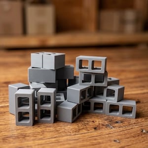 May include: A collection of miniature gray cinder blocks stacked in a pile. Each individual block features a rectangular shape with two hollow square openings in the center, mimicking the appearance of standard construction masonry units.