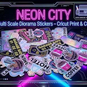 Könnte beinhalten: Eine Sammlung von Neon-Diorama-Aufklebern mit verschiedenen urbanen Motiven wie Kaffeetassen, Ramenschalen und Schildern mit Texten wie NEON CITY, GARAGE BAYS und HOTEL. Die Aufkleber haben leuchtende rosa, blaue und gelbe Umrandungen.
