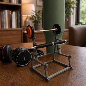 May include: A gray plastic rack designed to hold a pen and a miniature barbell. The barbell features a white bar with one orange and one black weight plate on each end. A black pen rests horizontally on the rack's support arms.