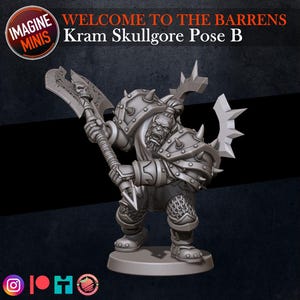Kram Skullgore – 3D Printed Miniature | 32mm Scale | 2 Body Variants | Customizable for Tabletop RPGs