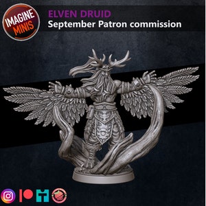 May include: A grey, detailed miniature figurine of an elven druid with antlers, feathered wings, and a flowing beard. The druid is standing on a tree stump base.
