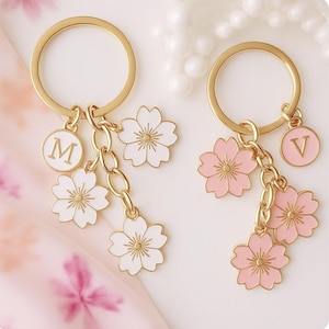 Personalized Initial Sakura Keychain | Cherry Blossom Enamel Charm