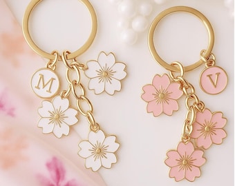 Personalized Initial Sakura Keychain | Cherry Blossom Enamel Charm