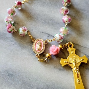 Religious Gift Idea. Handmade Car Rosary Made with Beautiful White and Rose Transparent Glass Beads Golden crucifix