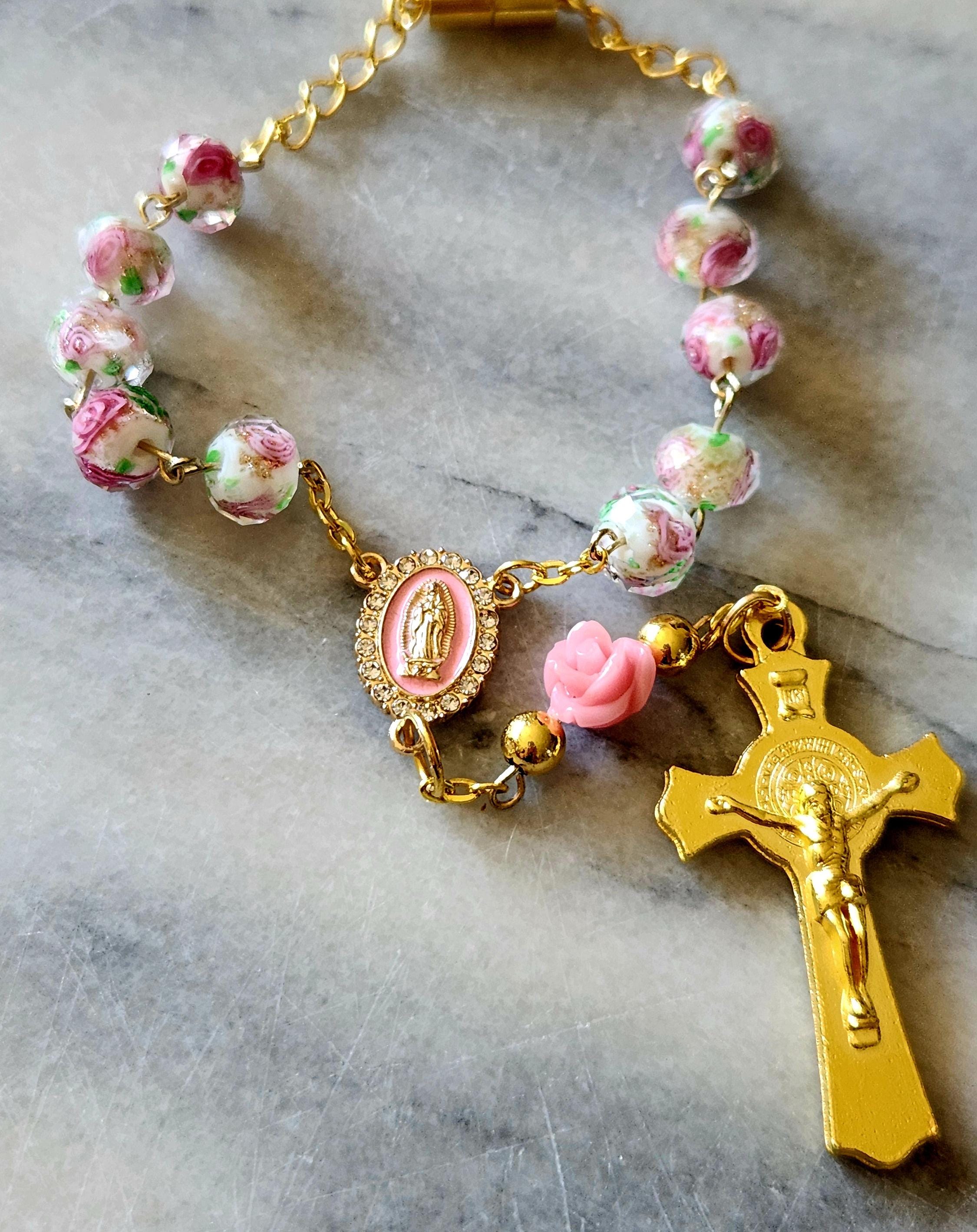 Religious Gift Idea. Handmade Car Rosary Made with Beautiful White and Rose Transparent Glass Beads Golden crucifix