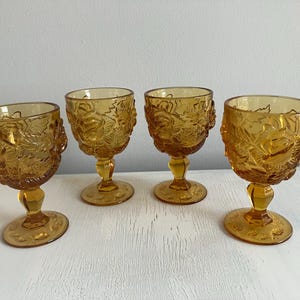 Madonna Inn Amber Glass Goblets Set of 4 Vintage Floral Embossed 5"