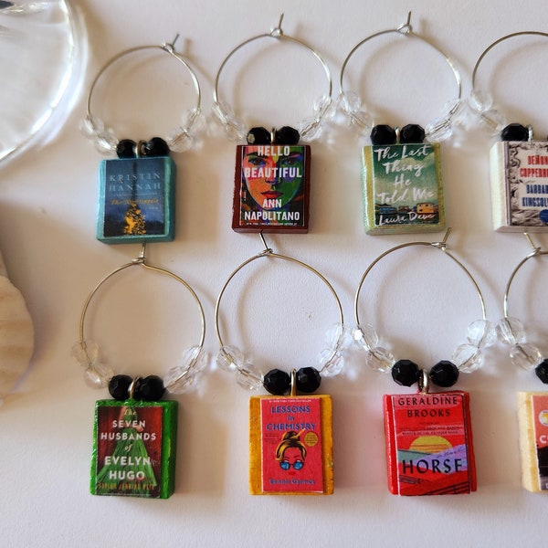 Book Club Wine Glass Charms Markers. Set of eight New York Times Bestseller Book Covers