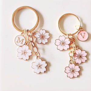 Small Gift Idea. Personalized Initial Sakura Cherry Blossom Keychain Charm |  Backpack Charm | Enamel Keychain | Flower Keychain