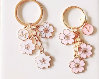 Small Gift Idea. Personalized Initial Sakura Cherry Blossom Keychain Charm |  Backpack Charm | Enamel Keychain | Flower Keychain