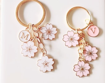 Small Gift Idea. Personalized Initial Sakura Cherry Blossom Keychain Charm |  Backpack Charm | Enamel Keychain | Flower Keychain