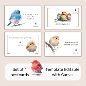 Ensemble de cartes postales d'oiseaux mignons, aquarelle de mésanges, accueil chaleureux, nature, cadeau souvenir, impression d'art mural, 6x4, paquet de 4, modèle Canva modifiable