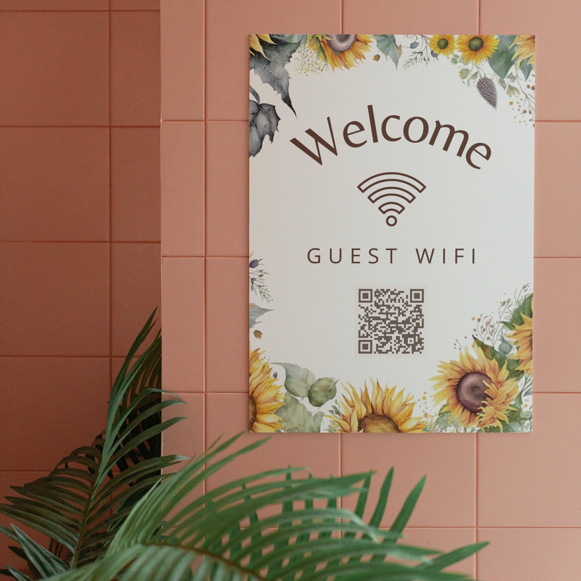 Sunflower Wifi QR Code Sign, Wifi Password Poster, Floral Wallart
