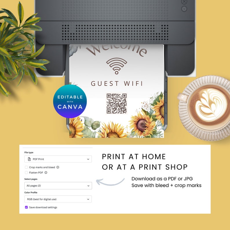 Sunflower Wifi QR Code Sign, Wifi Password Poster, Floral Wallart