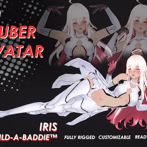 Könnte beinhalten: 3D VTUBER AVATAR IRIS BUILD-A-BADDIETM VOLLSTÄNDIG GESTEUERT, ANPASSBAR UND BEREIT ZUR VERWENDUNG. Ein Anime-Charakter in Weiß und Rosa mit langen weißen Haaren und rosa Highlights. Der Charakter trägt ein weißes und graues Outfit mit einem roten Akzent.