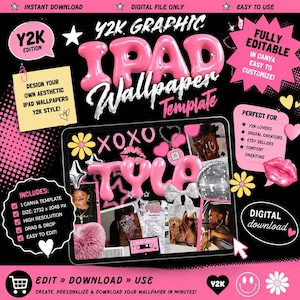 May include: A digital download graphic for an iPad wallpaper template in a Y2K style. The design features pink 3D text, stars, and other decorative elements. The template is fully editable in Canva and includes high-resolution images.