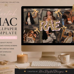 May include: A digital wallpaper template for Mac screens featuring a collage of five photographs of a person, decorated with gold ribbon graphics and the name RAE in a cheetah print font. The text reads LUXURY CHEETAH COLLECTION, CHEETAH MAC WALLPAPER TEMPLATE, and DIGITAL DOWNLOAD.
