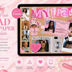 Puede incluir: Una plantilla de fondo de pantalla para iPad rosa con el texto "Girly Pink iPad Wallpaper Template". El diseño incluye un collage de fotos, un corazón rosa y una figura de Hello Kitty. La plantilla es para descarga instantánea y es editable en Canva.